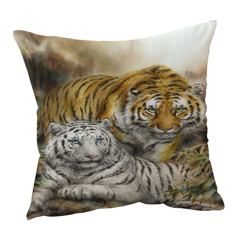Wildlife Art Drawing White and Orange Tigers Cushions and Pillows