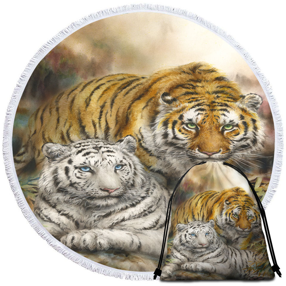 Wildlife Art Drawing White and Orange Tigers Round Beach Towel