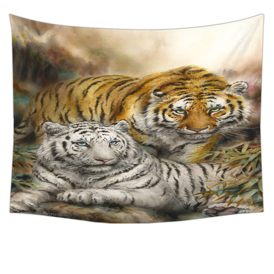 Wildlife Art Drawing White and Orange Tigers Tapestry Wall Hanging