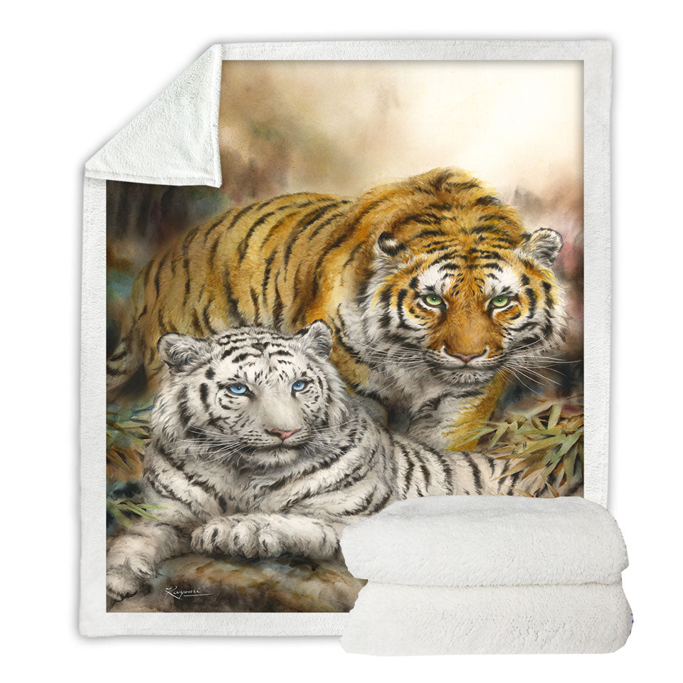 Wildlife Art Drawing White and Orange Tigers Throw Blanket