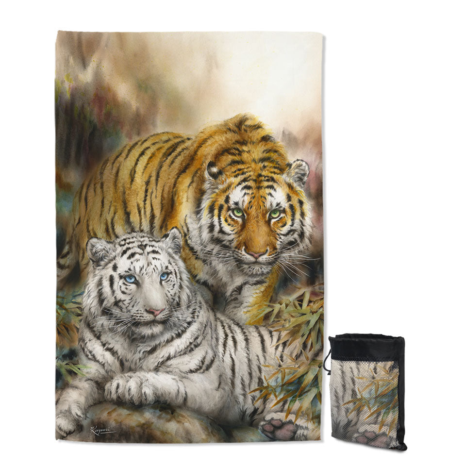 Wildlife Art Drawing White and Orange Tigers Travel Beach Towel