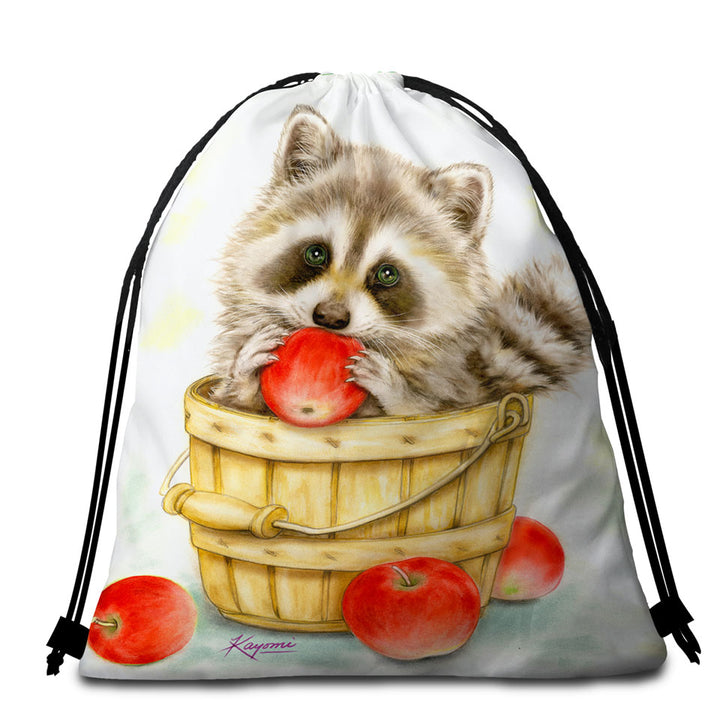 Wildlife Cute Animal Art Apple Basket Raccoon Beach Towels and Bags Set