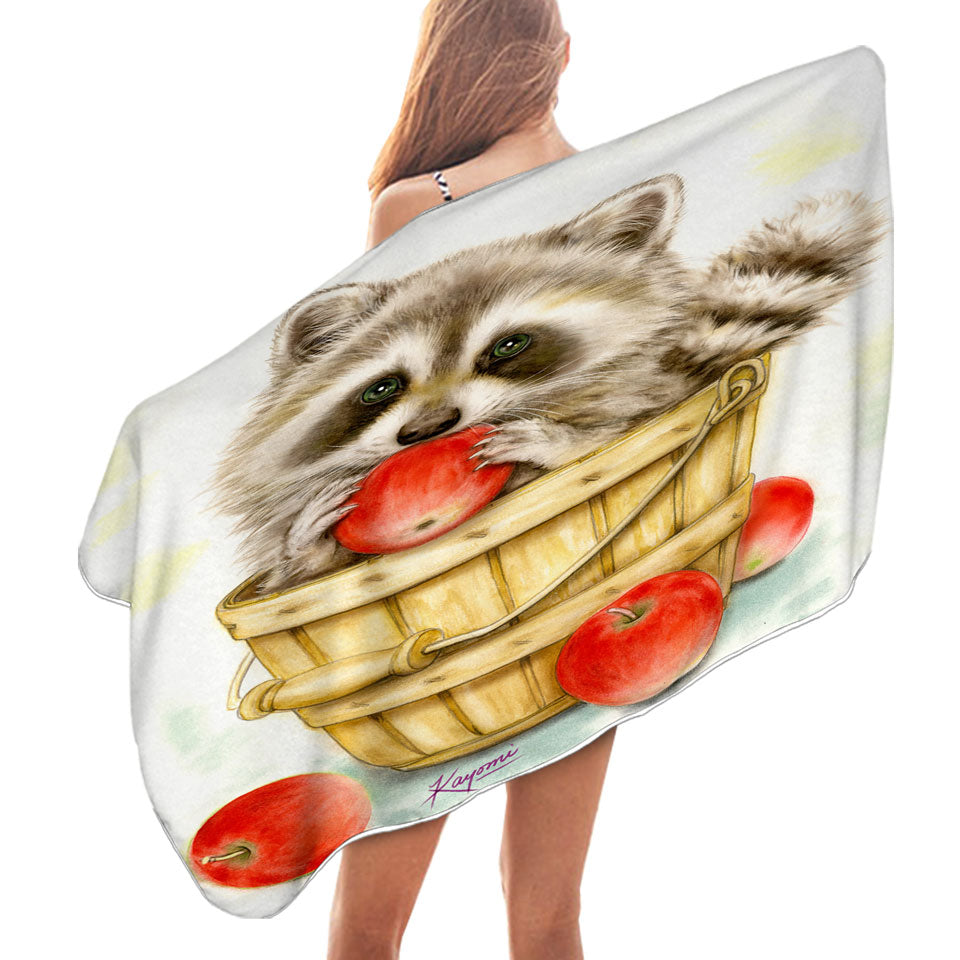 Wildlife Cute Animal Art Apple Basket Raccoon Pool Towels