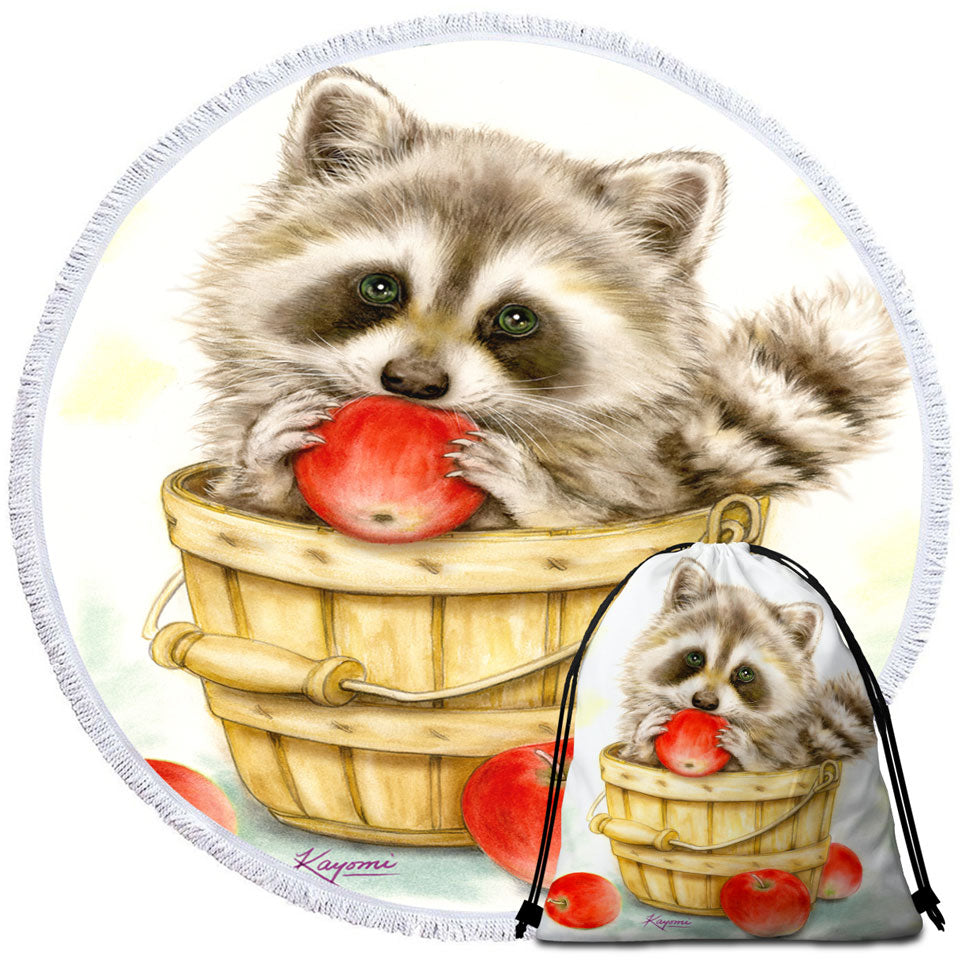 Wildlife Cute Animal Art Apple Basket Raccoon Round Beach Towel