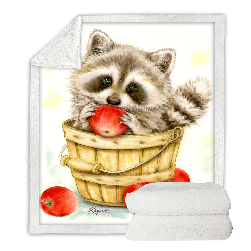 Wildlife Cute Animal Art Apple Basket Raccoon Sherpa Blanket for Children