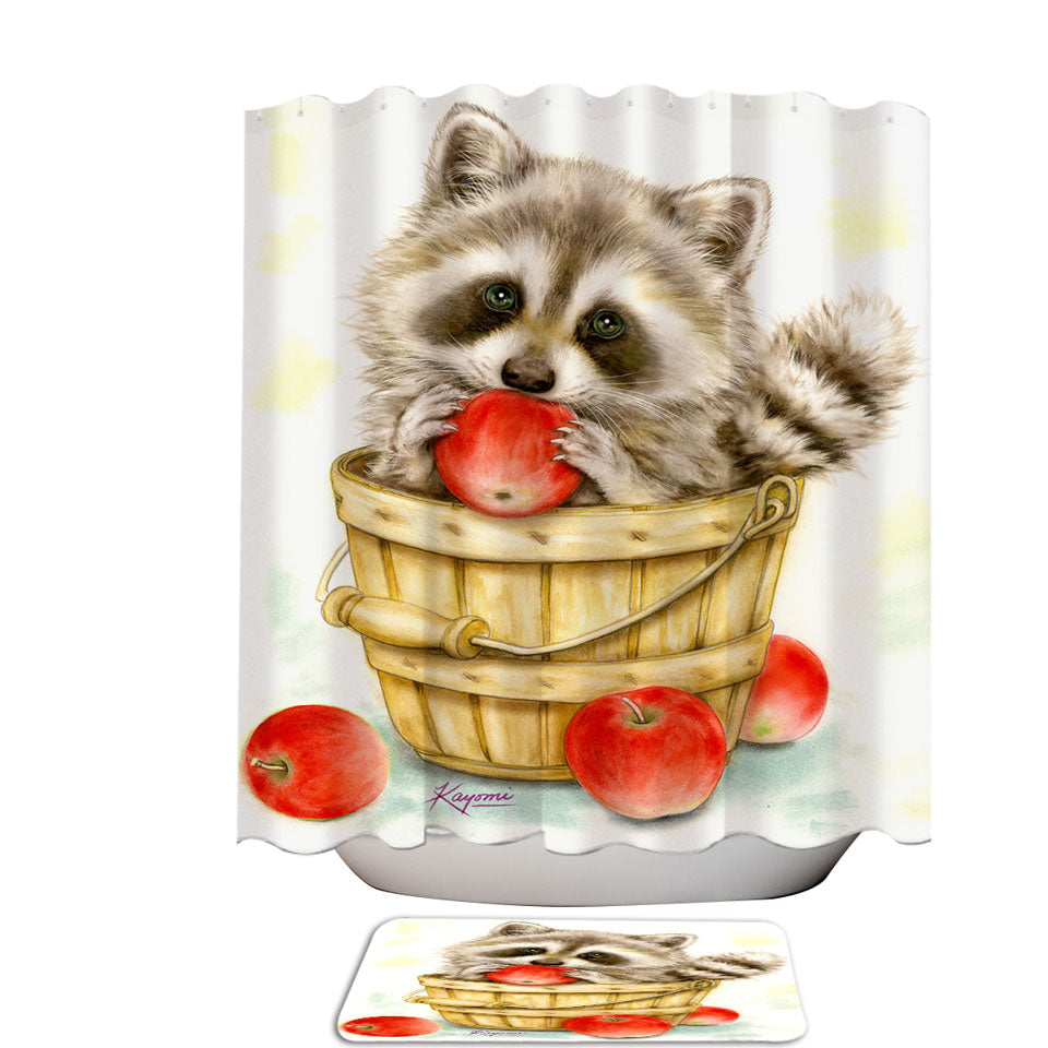 Wildlife Cute Animal Art Apple Basket Raccoon Shower Curtains and Bathroom Rugs