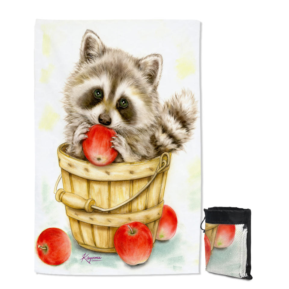 Wildlife Cute Animal Art Apple Basket Raccoon Unique Beach Towels