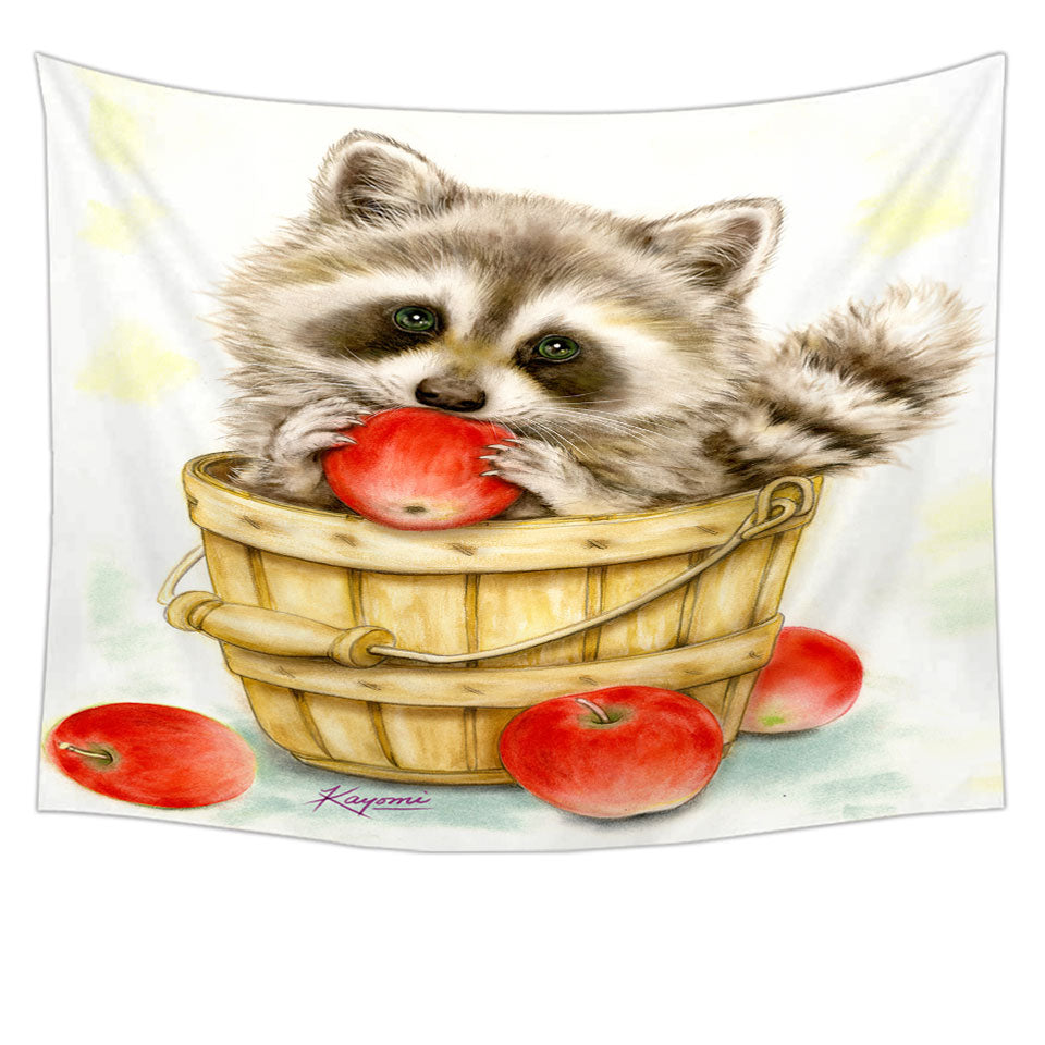 Wildlife Cute Animal Art Apple Basket Raccoon Wall Decor fir Kids