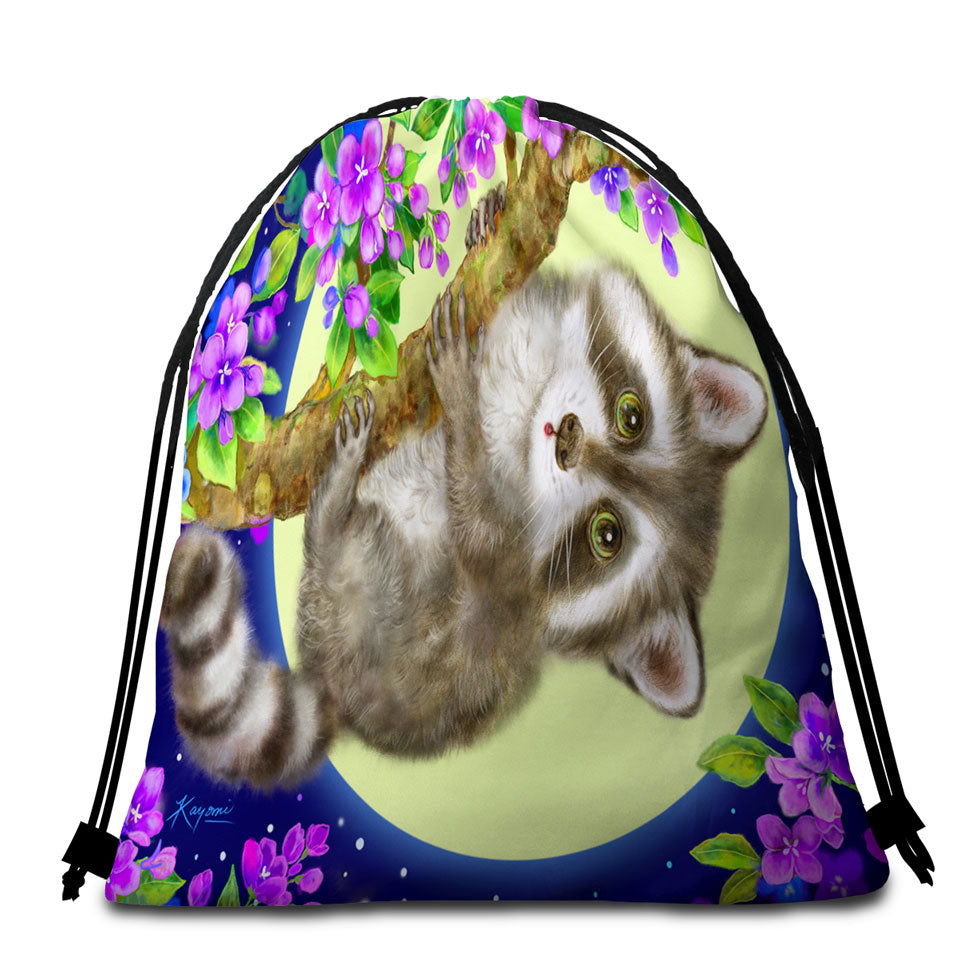 Wildlife Cute Animal Art Moonlight Raccoon Beach Bags and Towels