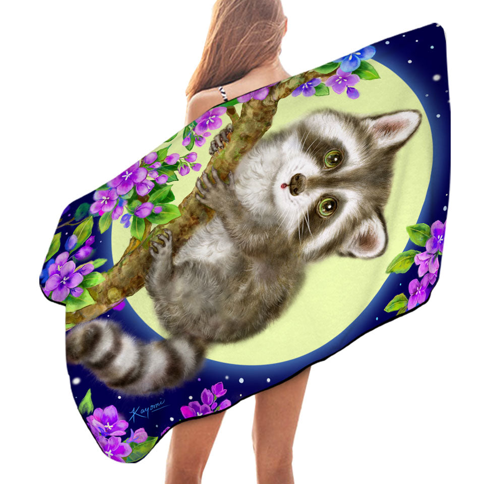 Wildlife Cute Animal Art Moonlight Raccoon Beach Towels