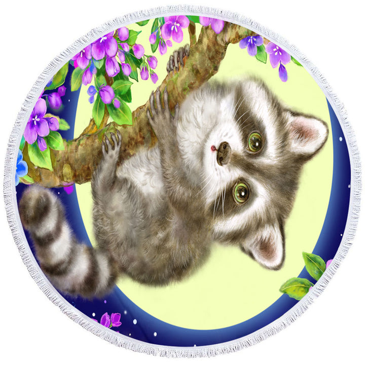 Wildlife Cute Animal Art Moonlight Raccoon Round Beach Towel