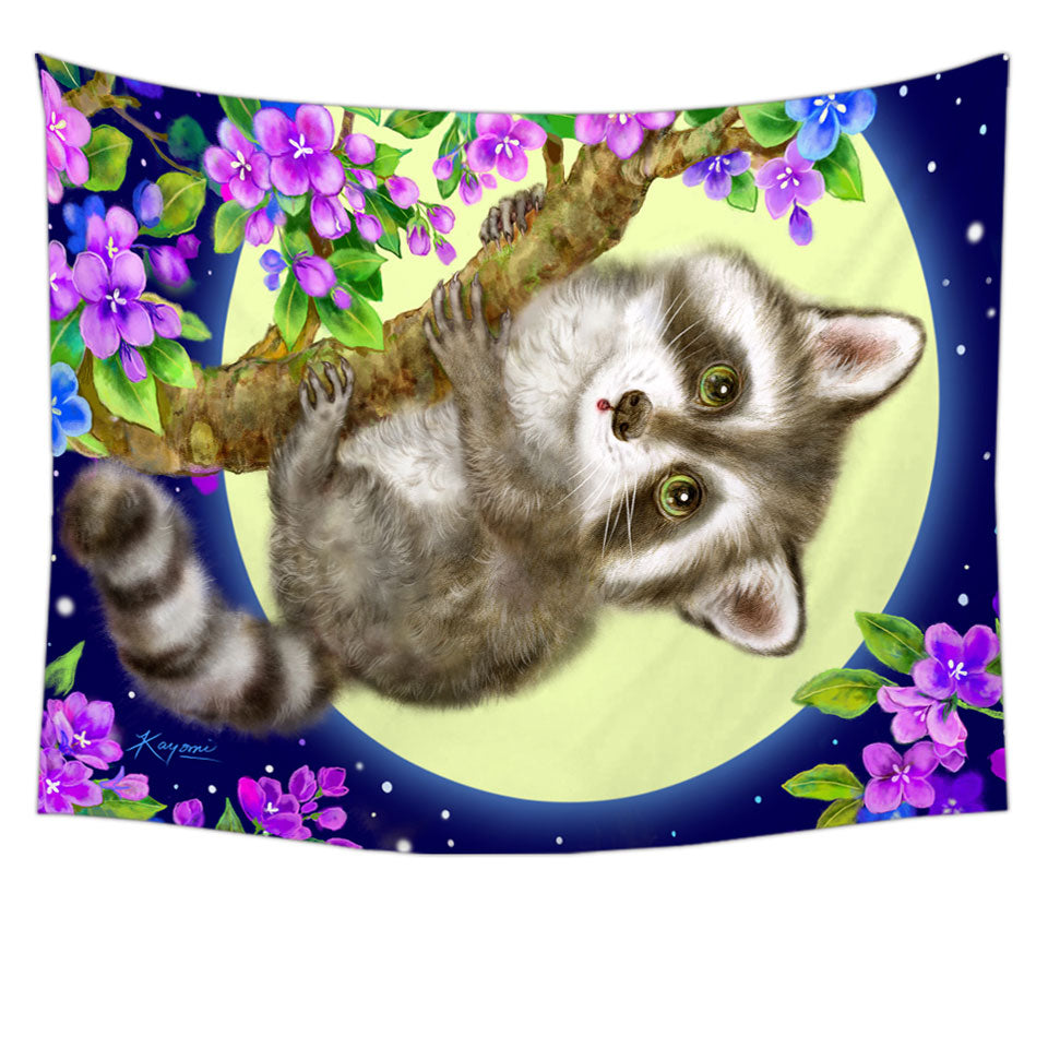 Wildlife Cute Animal Art Moonlight Raccoon Tapestry Wall Decor