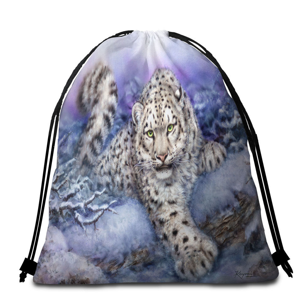 Wildlife Drawings Snow Forest White Leopard Beach Towel Bags