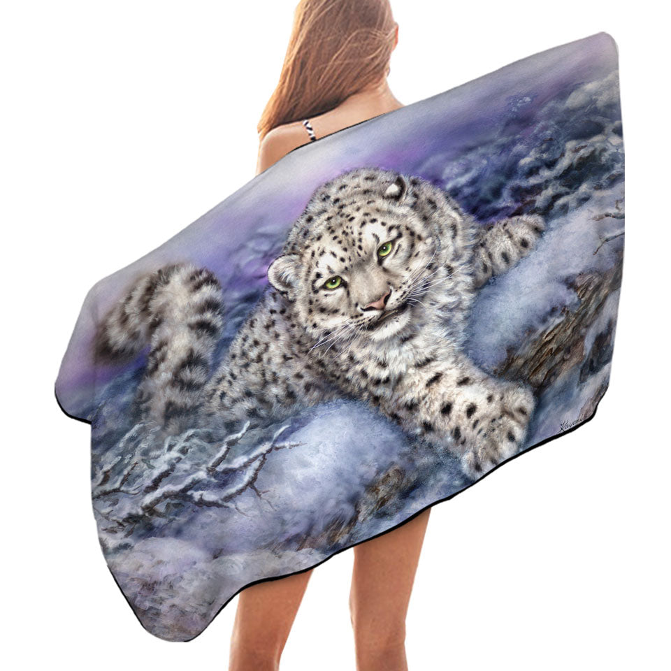 Wildlife Drawings Snow Forest White Leopard Beach Towels
