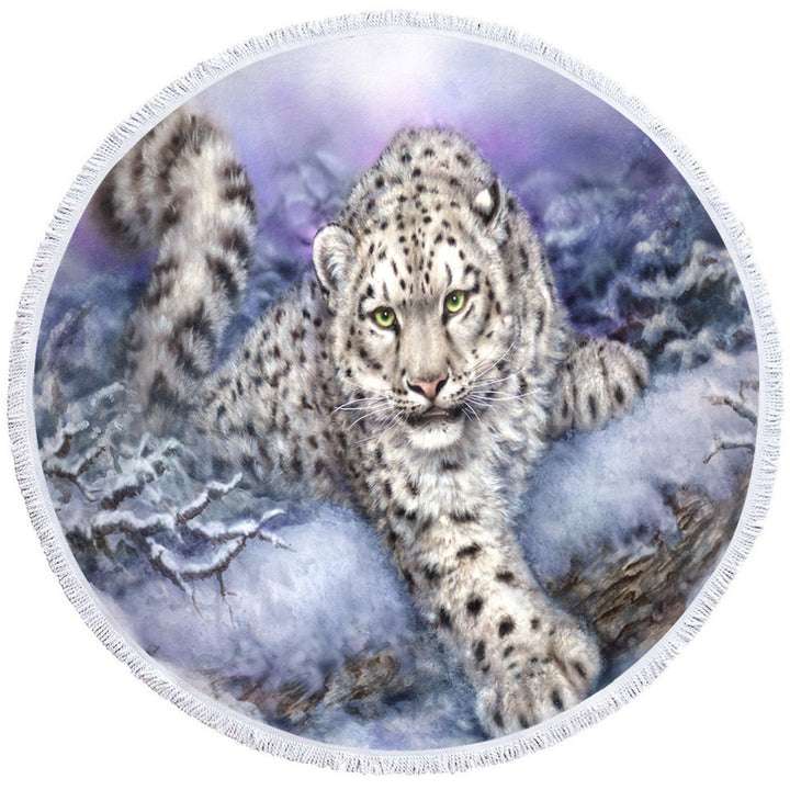 Wildlife Drawings Snow Forest White Leopard Circle Beach Towel
