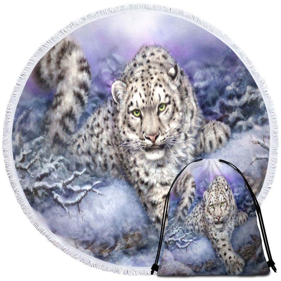 Wildlife Drawings Snow Forest White Leopard Round Beach Towel