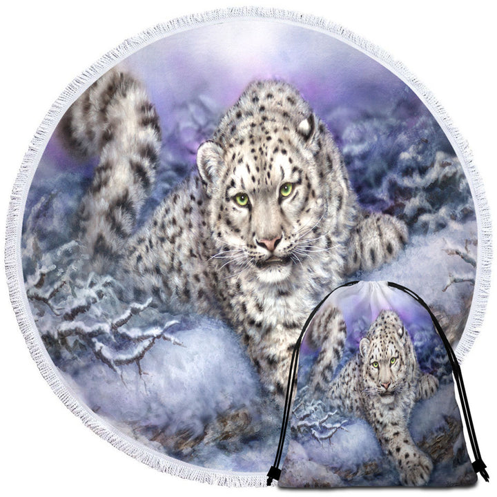 Wildlife Drawings Snow Forest White Leopard Round Beach Towel