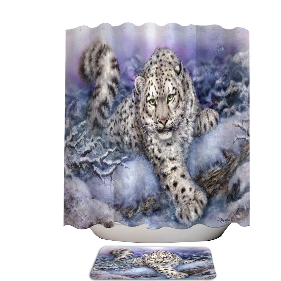 Wildlife Drawings Snow Forest White Leopard Shower Curtains