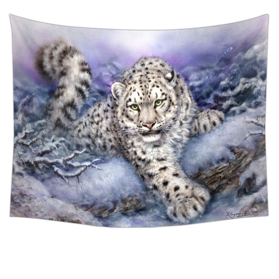 Wildlife Drawings Snow Forest White Leopard Tapestry