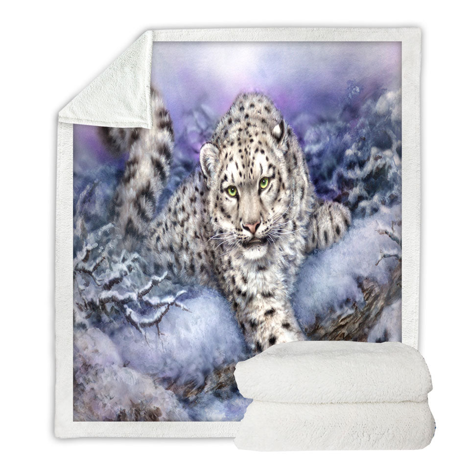 Wildlife Drawings Snow Forest White Leopard Throw Blanket