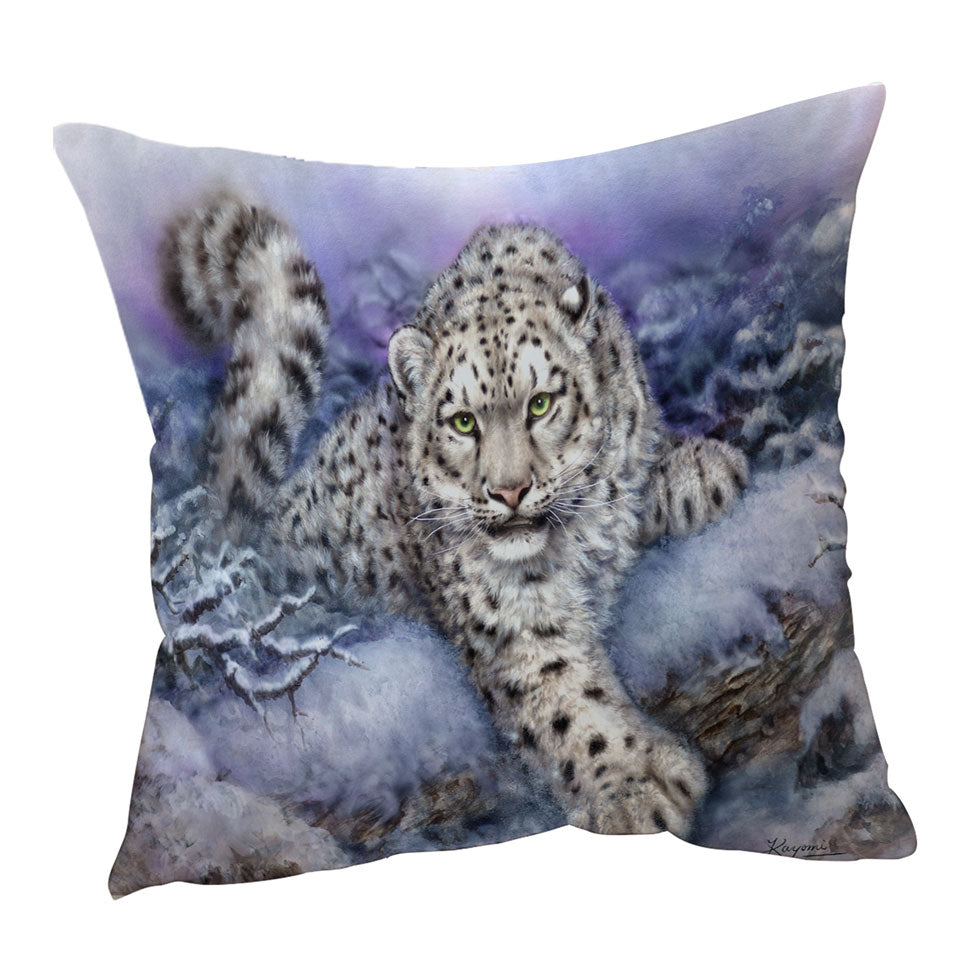Wildlife Drawings Snow Forest White Leopard Throw Pillow and Cushion