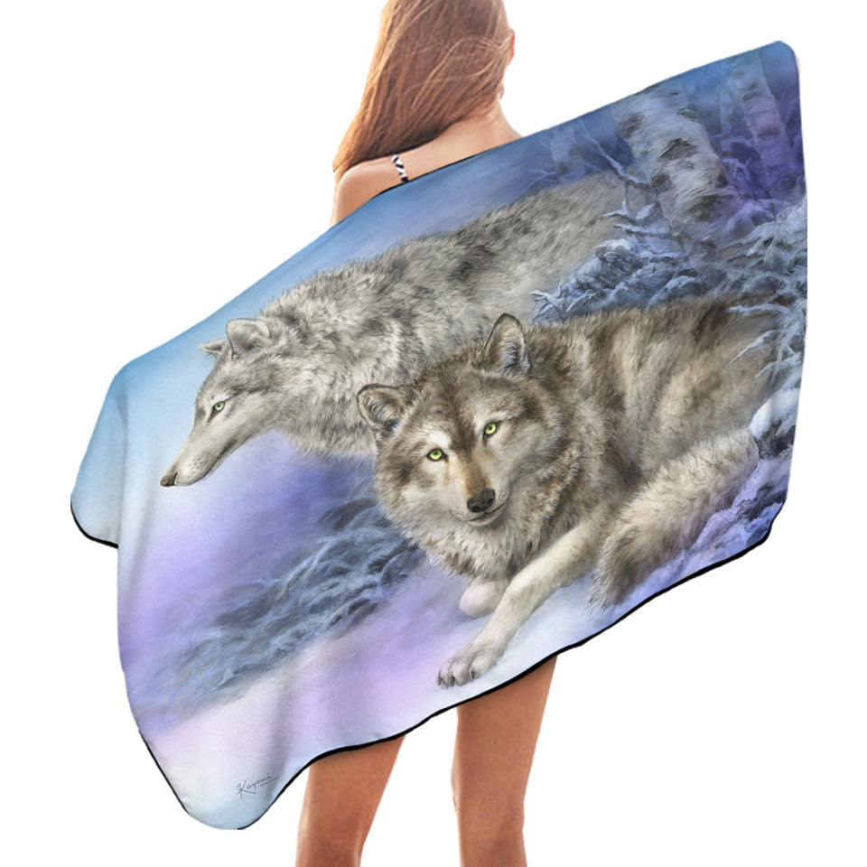 Wildlife Drawings Snow Forest Wolves Beach Towels