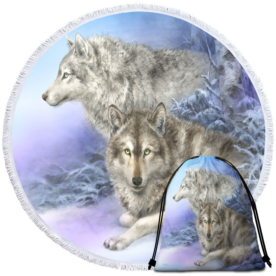 Wildlife Drawings Snow Forest Wolves Circle Beach Towel