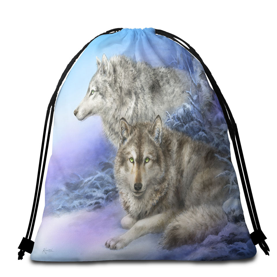 Wildlife Drawings Snow Forest Wolves Packable Beach Towel