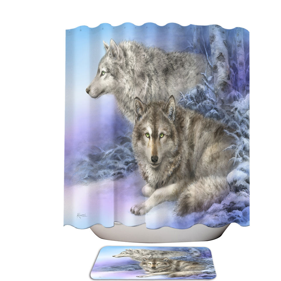 Wildlife Drawings Snow Forest Wolves Shower Curtains and Bathroom Rugs