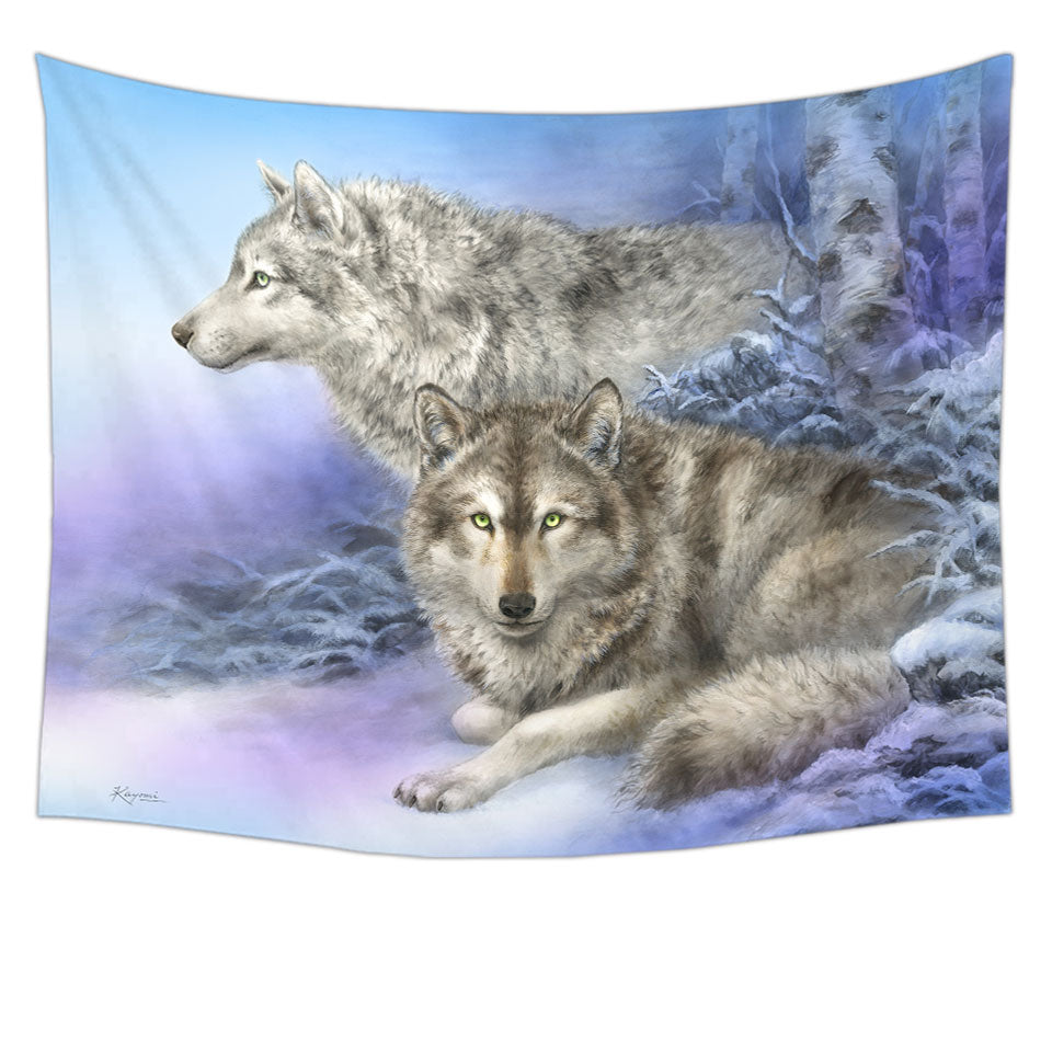 Wildlife Drawings Snow Forest Wolves Tapestry