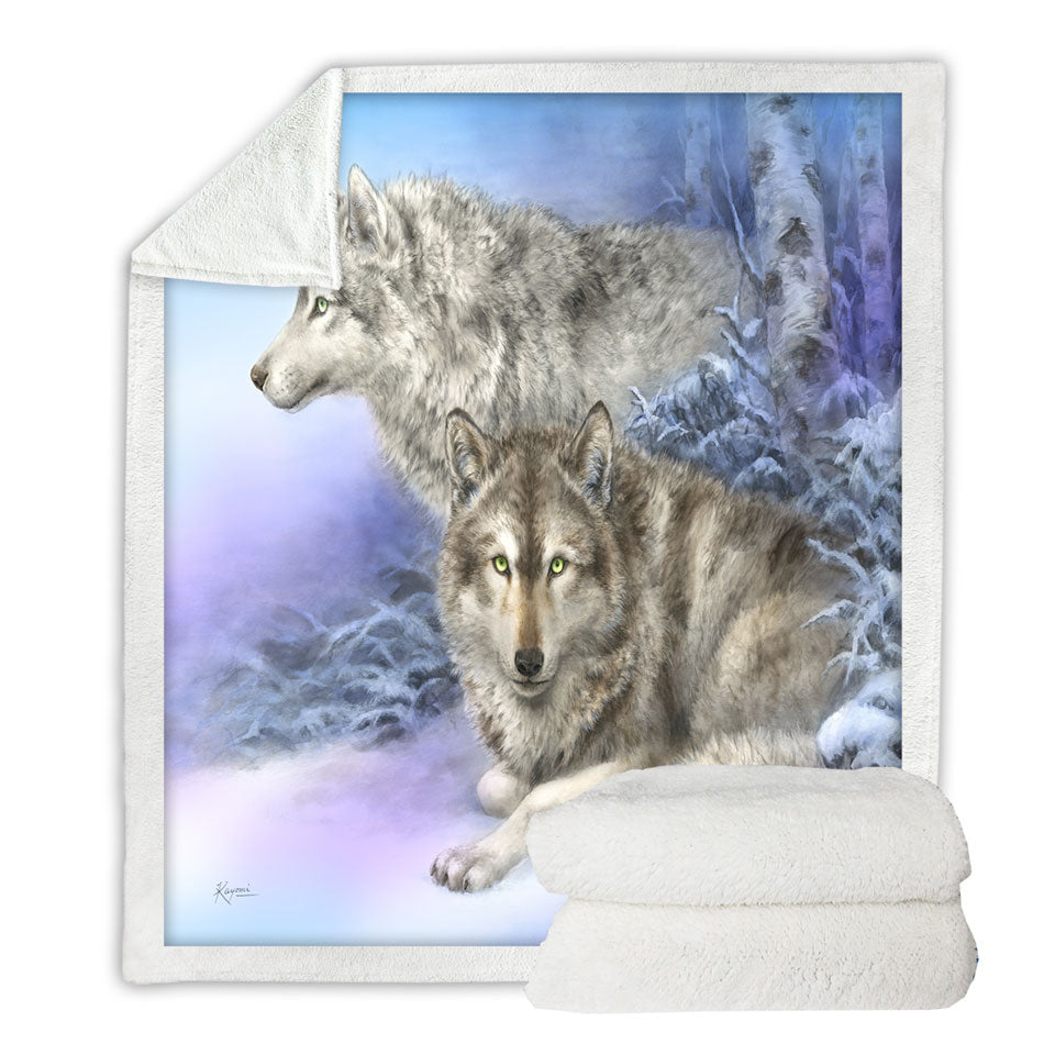 Wildlife Drawings Snow Forest Wolves Unique Blankets made with Sherpa