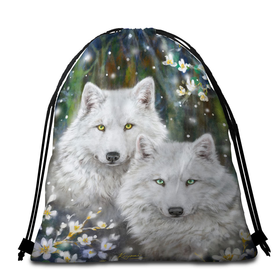 Wildlife Painting White Wolves and Flowers Beach Towel Bags