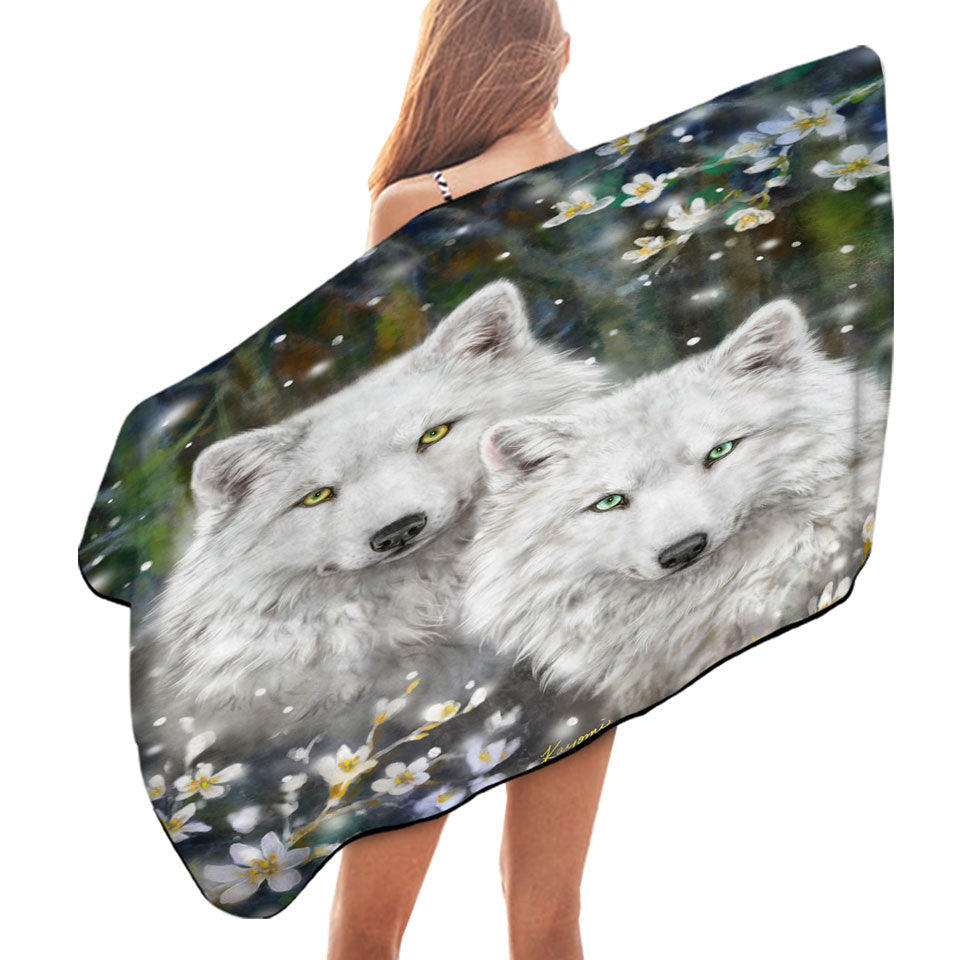 Wildlife Painting White Wolves and Flowers Beach Towels