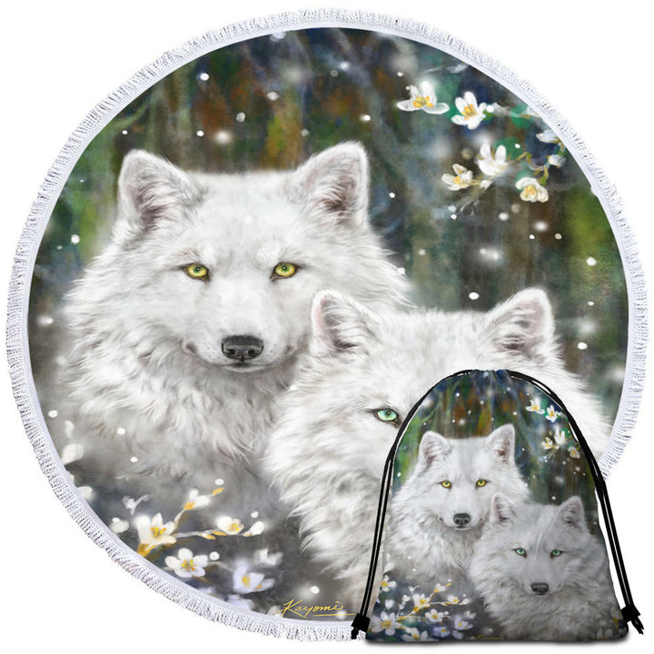Wildlife Painting White Wolves and Flowers Circle Beach Towel