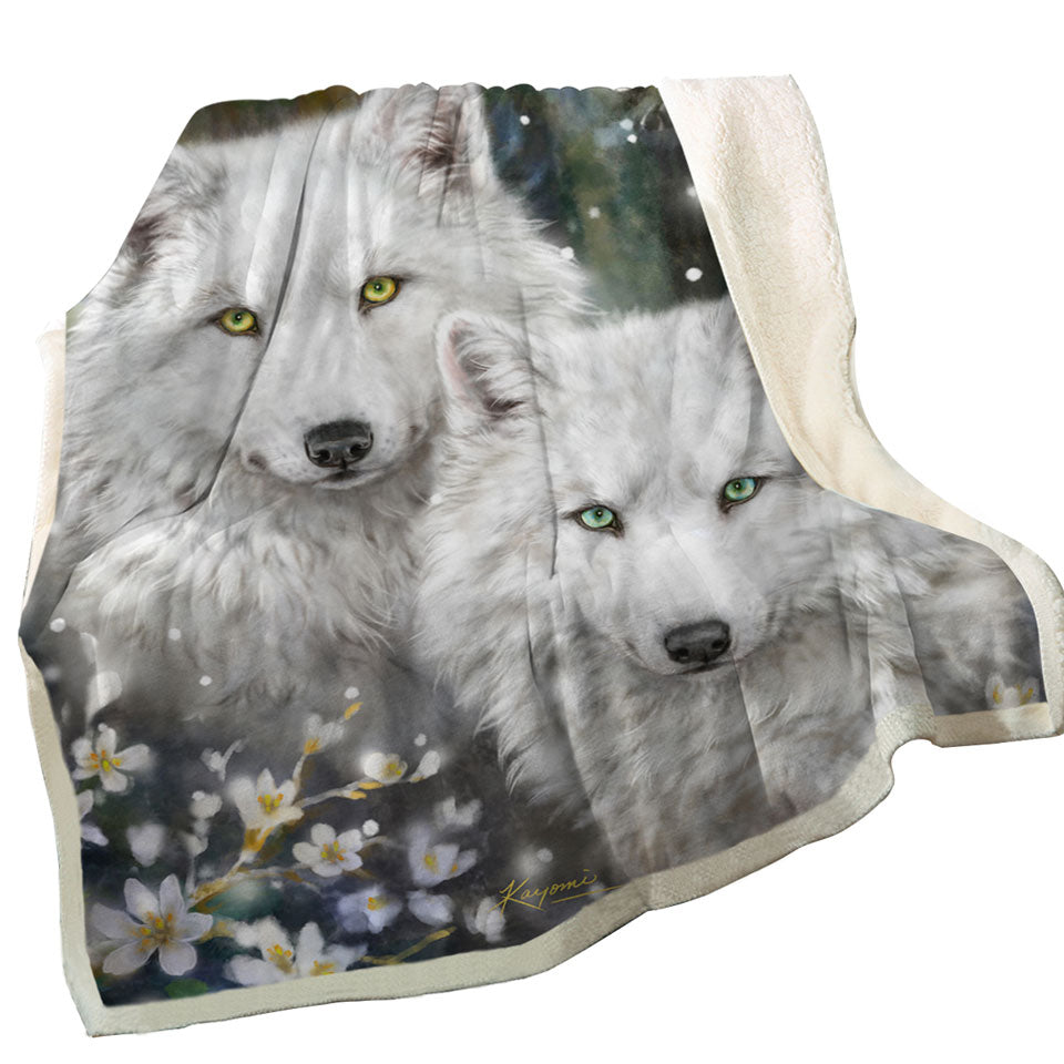 Wildlife Painting White Wolves and Flowers Fleece Blankets