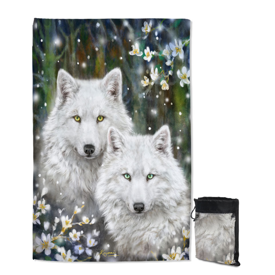 Wildlife Painting White Wolves and Flowers Lightweight Quick Dry Beach Towels