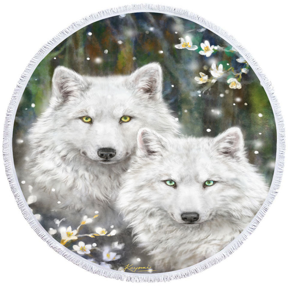 Wildlife Painting White Wolves and Flowers Round Beach Towel