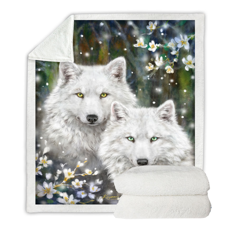 Wildlife Painting White Wolves and Flowers Sherpa Blanket