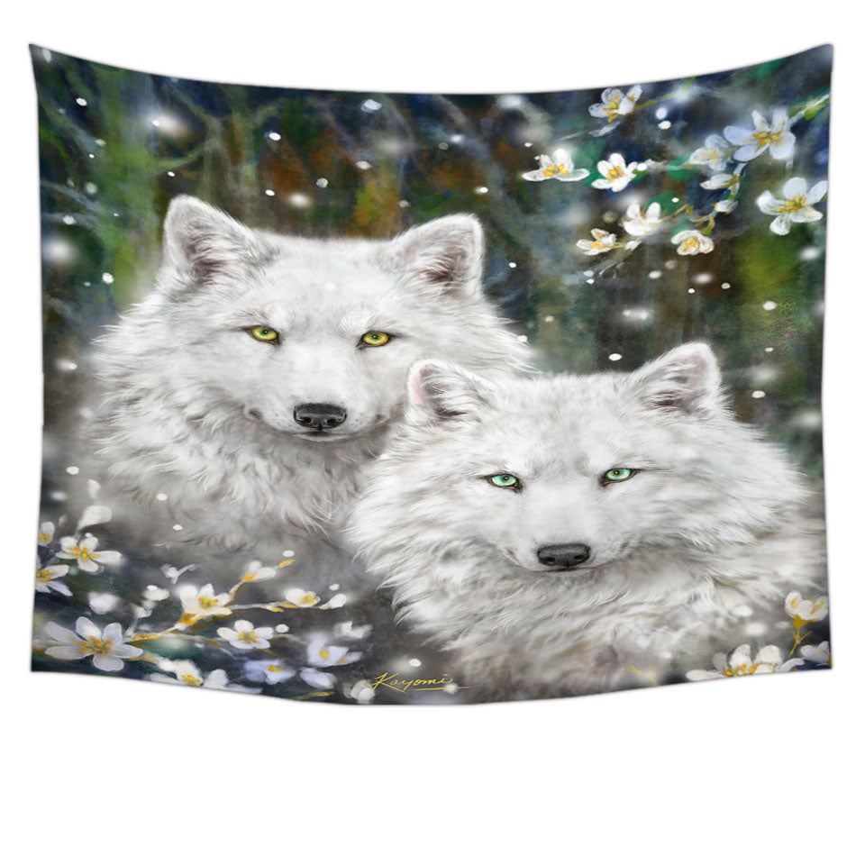 Wildlife Painting White Wolves and Flowers Tapestry Wall Decor