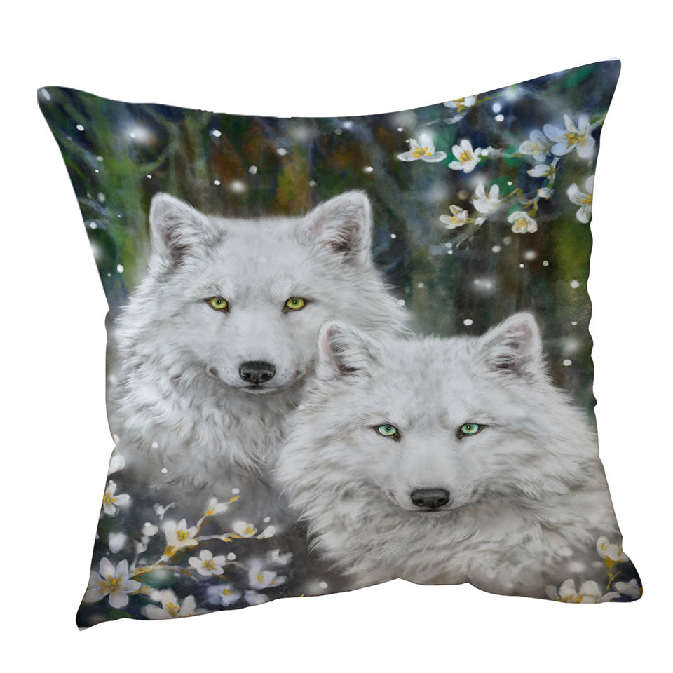 Wildlife Painting White Wolves and Flowers Throw Pillows