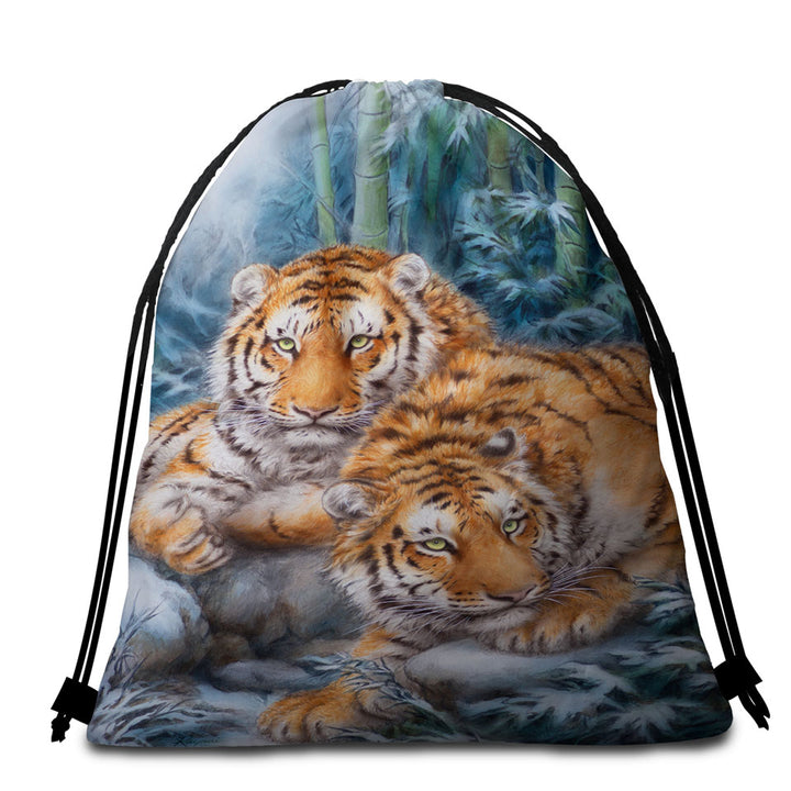 Winter Bamboos Wild Tigers Beach Towels and Bags Set for Guys