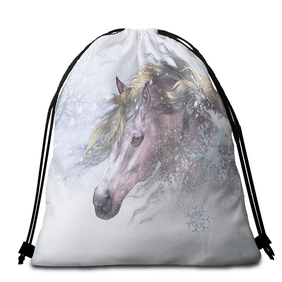 Winter Beach Towel Bags Snow and Bright Hair White Horse