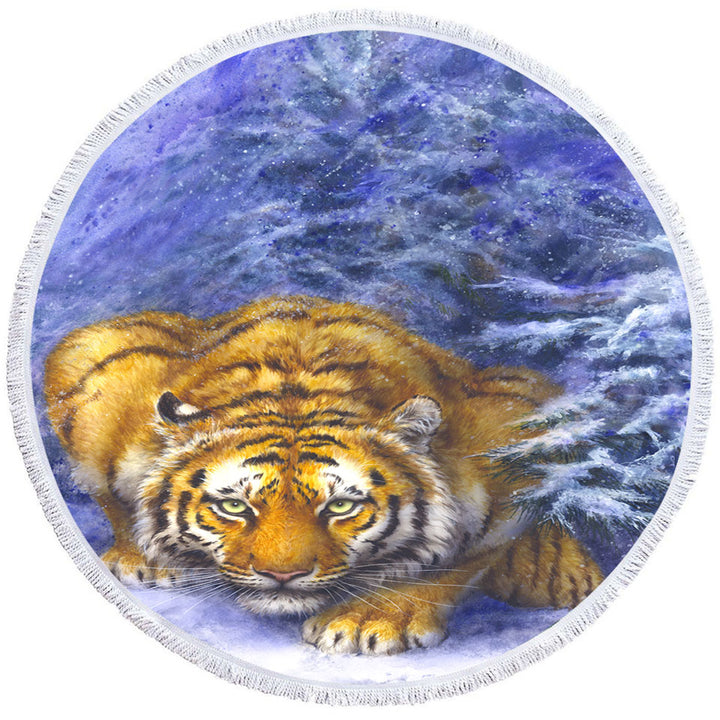 Winter Forest Cool Hunting Pose Tiger Circle Beach Towel