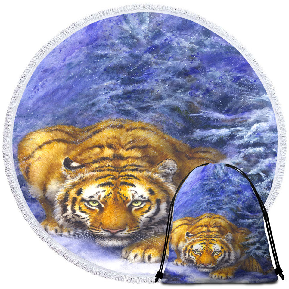 Winter Forest Cool Hunting Pose Tiger Round Beach Towel