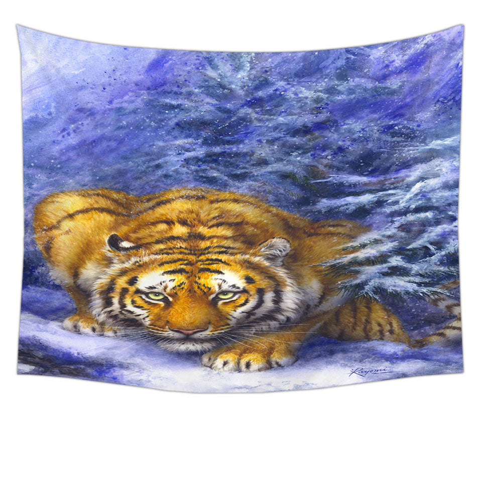 Winter Forest Cool Hunting Pose Tiger Wall Decor Tapestry
