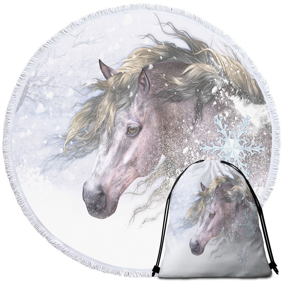 Winter Round Beach Towel Snow and Bright Hair White Horse