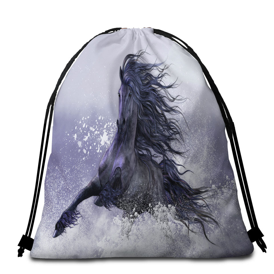 Winter Thunder Snow Running Wild Black Horse Packable Beach Towel