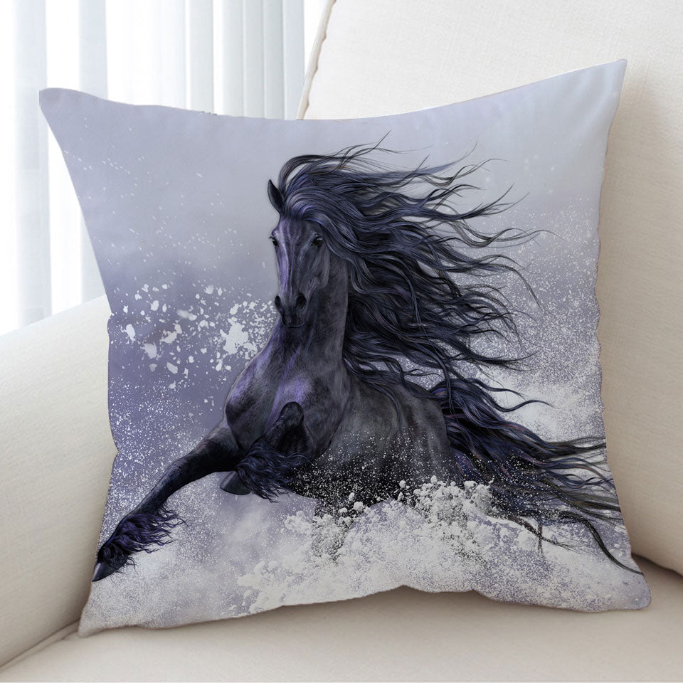 Winter Thunder Snow Running Wild Black Horse Throw Pillow