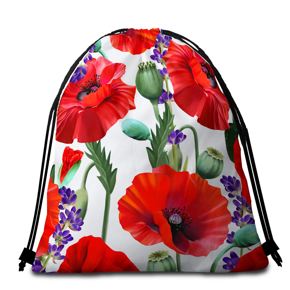 Womens Beach Bags and Towels with Purple Lavender and Red Poppy Flowers