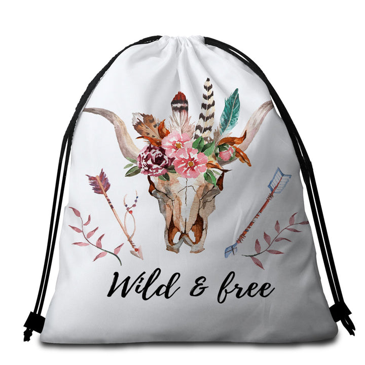 Womens Beach Towel Bags Wild and Free Native Floral Bull Skull